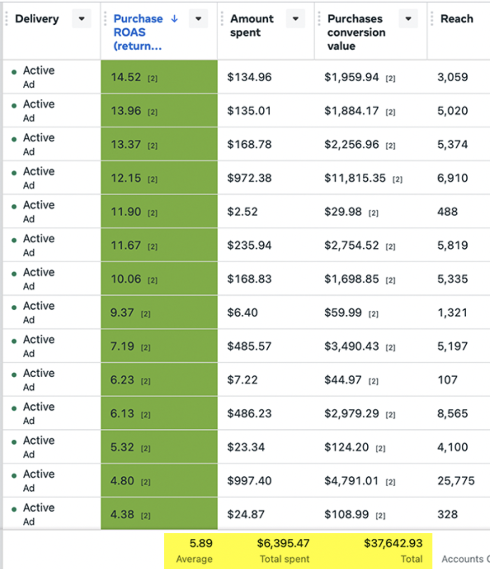 Meta Ads Manager showing ROAS between 4.38x and 14.52x across active client ad campaigns